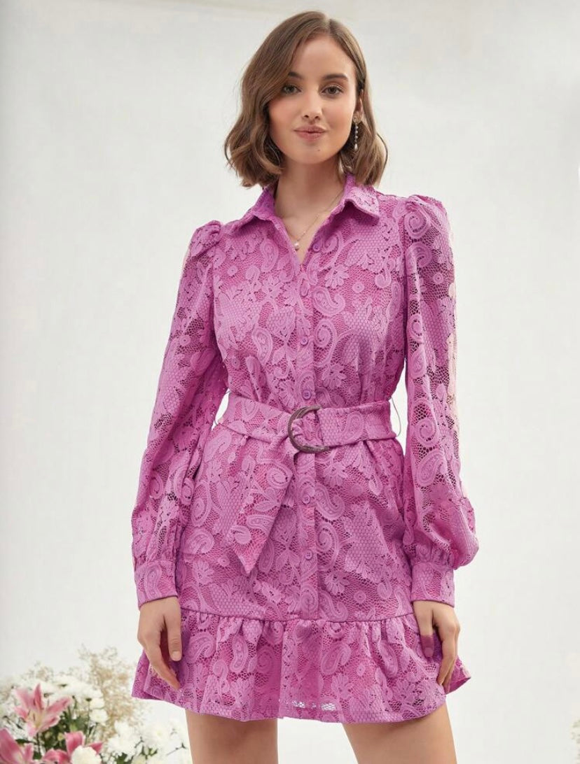 CM-DS410010 Women Elegant Seoul Style Floral Jacquard Ruffle Hem Belted Shirt Dress - Pink