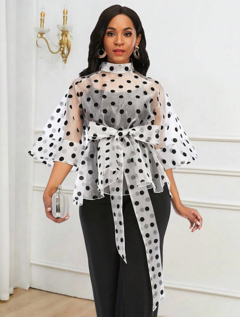 CM-TS086051 Women Elegant Seoul Style Polka Dot Belted Organza Top - White