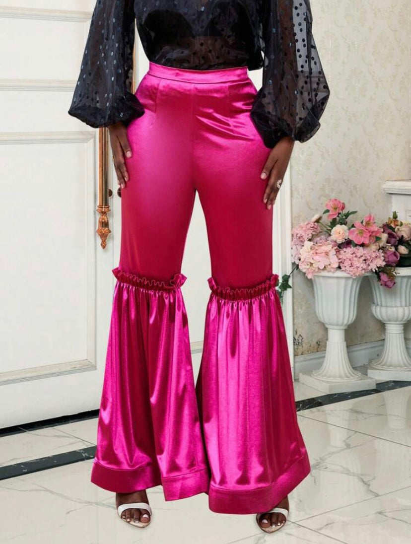 CM-BS060279 Women Elegant Seoul Style Frill Trim Flare Leg Satin Pants - Hot Pink