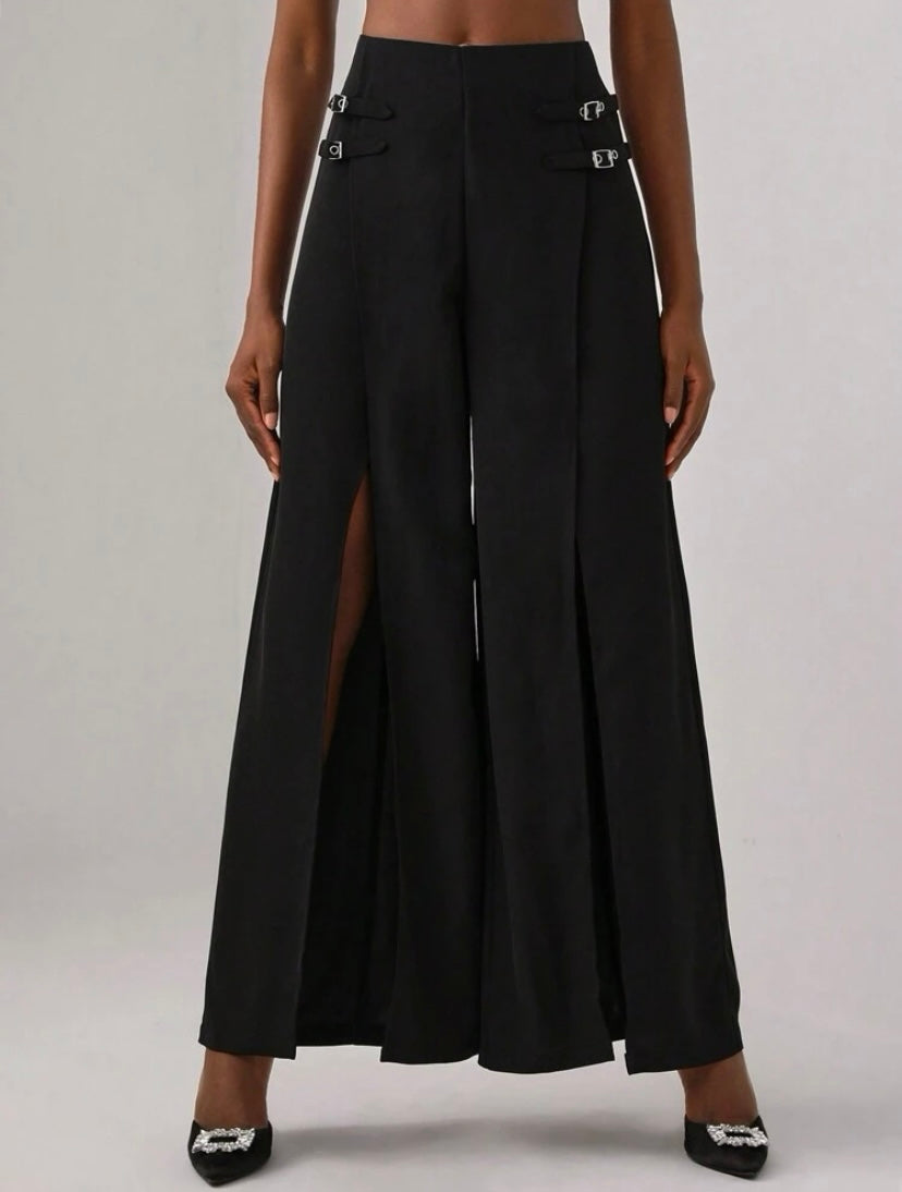 CM-BS514966 Women Elegant Seoul Style Split Thigh Wide Leg Pants - Black