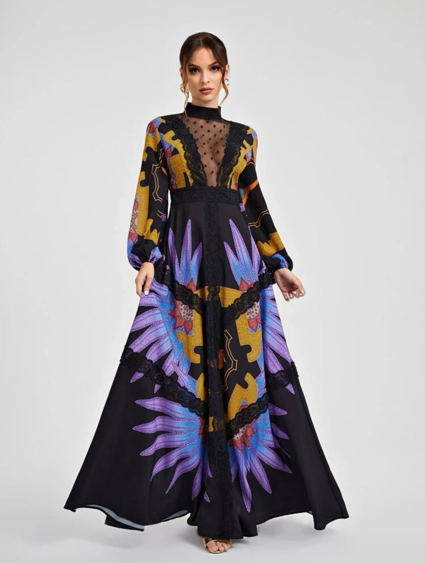 CM-DS525562 Women Elegant Seoul Style Floral Print Mock Neck Belted Dress
