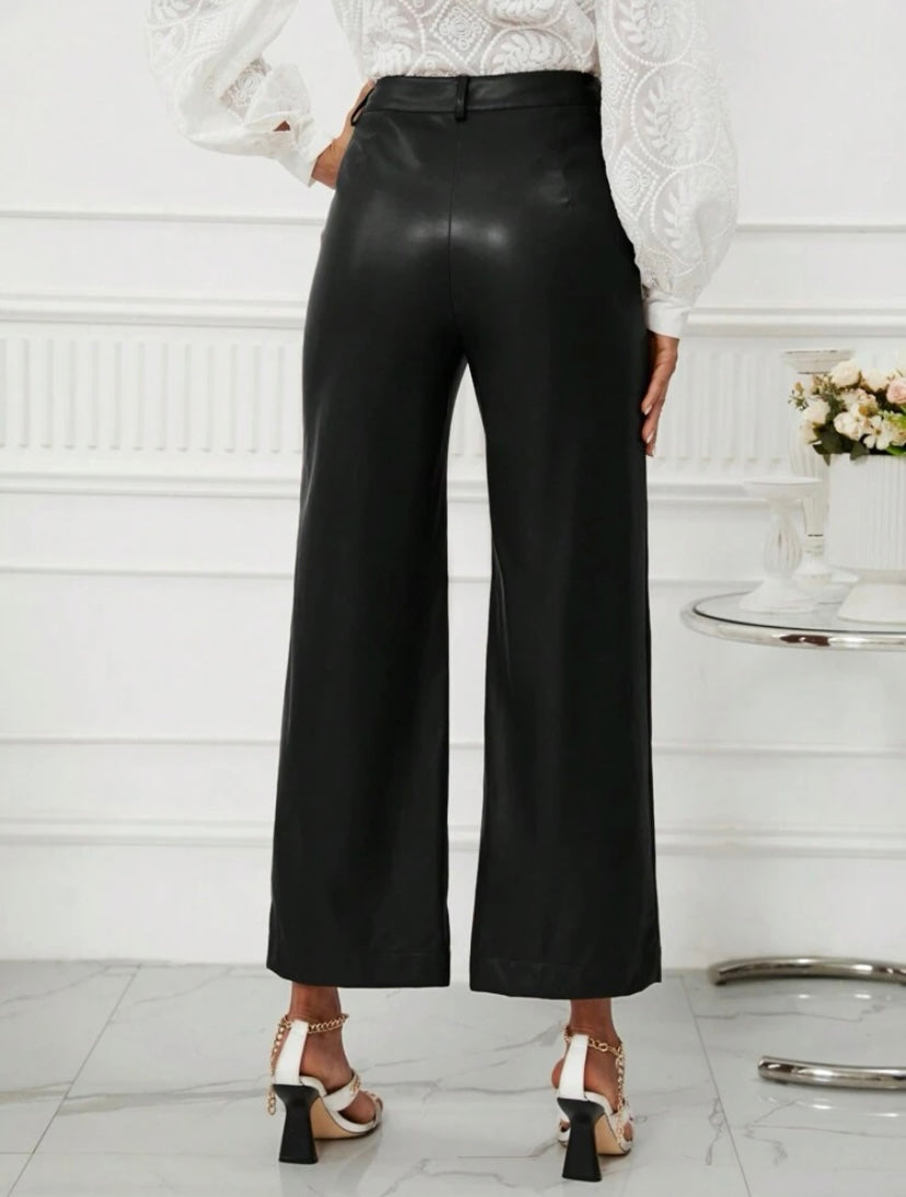 CM-BS594900 Women Casual Seoul Style High Waist PU Leather Wide Leg Pants - Black
