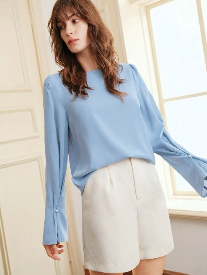 CM-TS596660 Women Elegant Seoul Style Solid Bell Sleeve Boat Neck Blouse - Blue