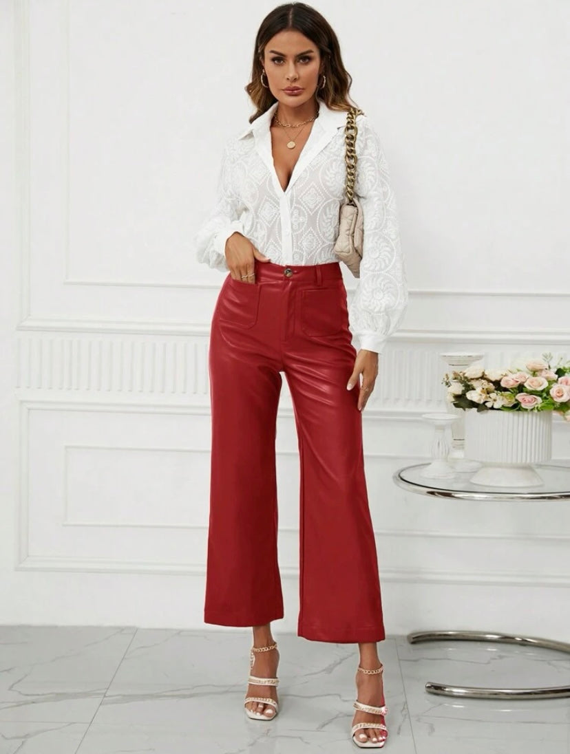 CM-BS579092 Women Casual Seoul Style High Waist PU Leather Wide Leg Pants - Red