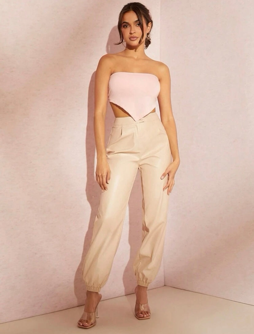 CM-BS545292 Women Casual Seoul Style Solid PU Leather Jogger Pants - Apricot