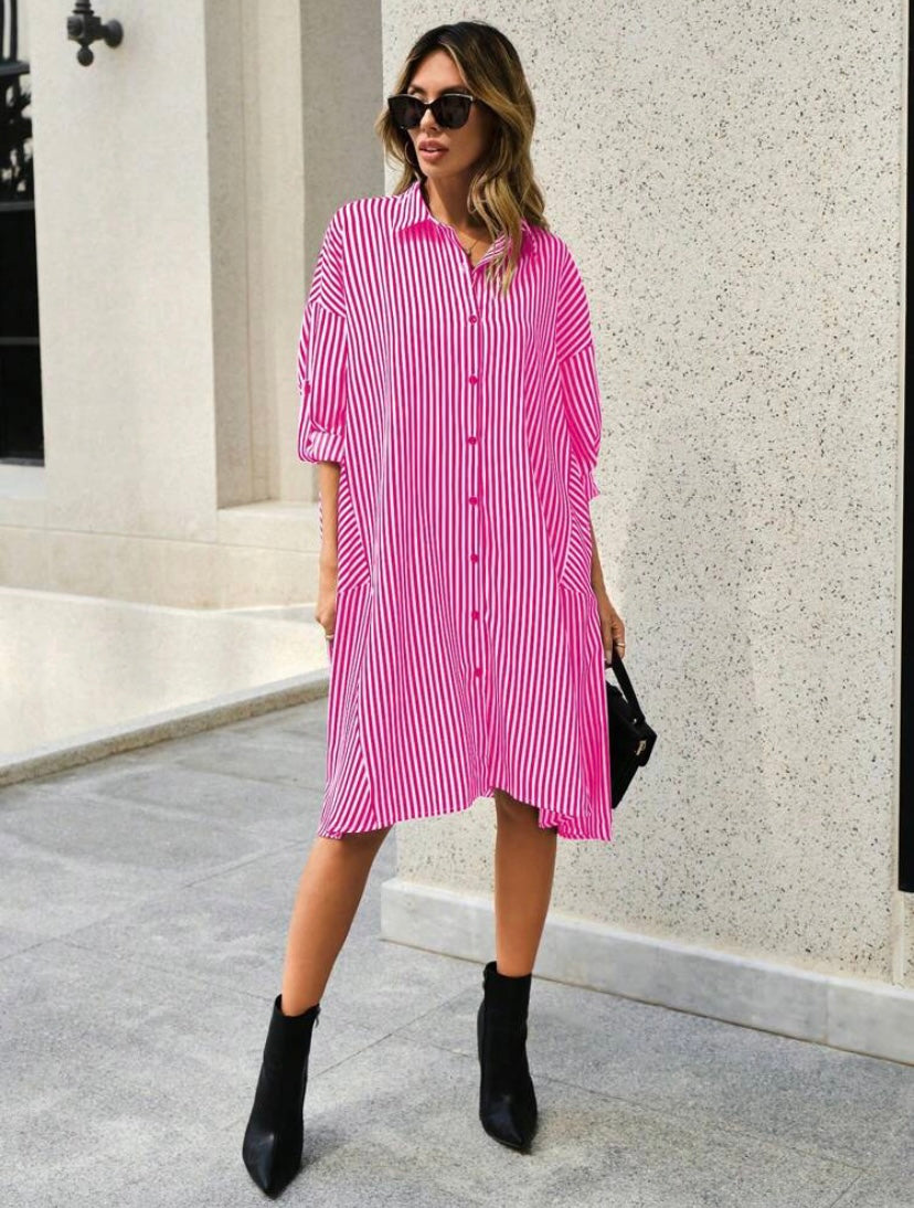 CM-DS914389 Women Casual Seoul Style Striped Print Roll Up Sleeve Button Front Shirt Dress