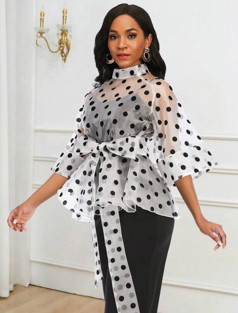 CM-TS086051 Women Elegant Seoul Style Polka Dot Belted Organza Top - White