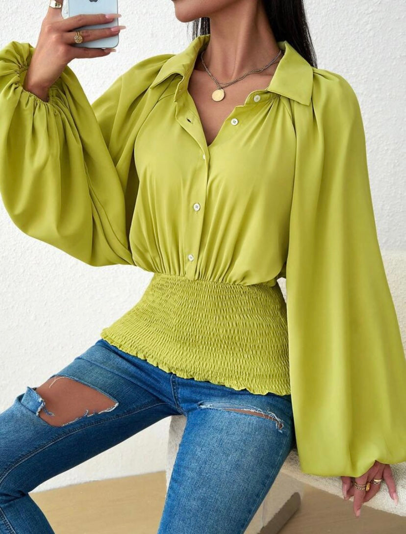 CM-TS066668 Women Casual Seoul Style Collar Neckline Lantern Sleeve Button Front Shirt