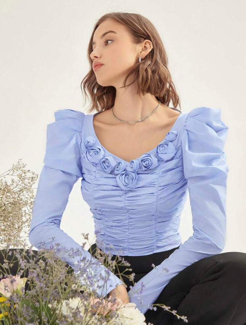 CM-TS914909 Women Elegant Seoul Style Ruched Front Gigot Sleeve Blouse - Blue