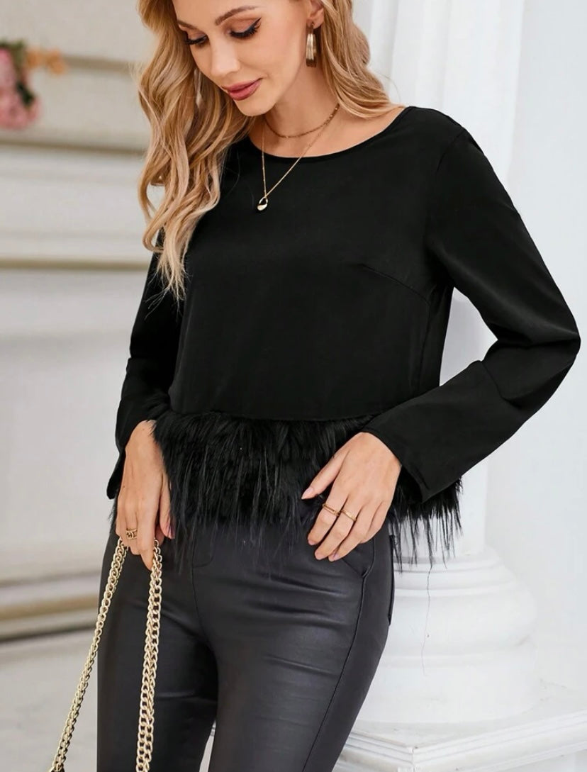 CM-TS264896 Women Elegant Seoul Style Round Neck Solid Fuzzy Hem Blouse - Black