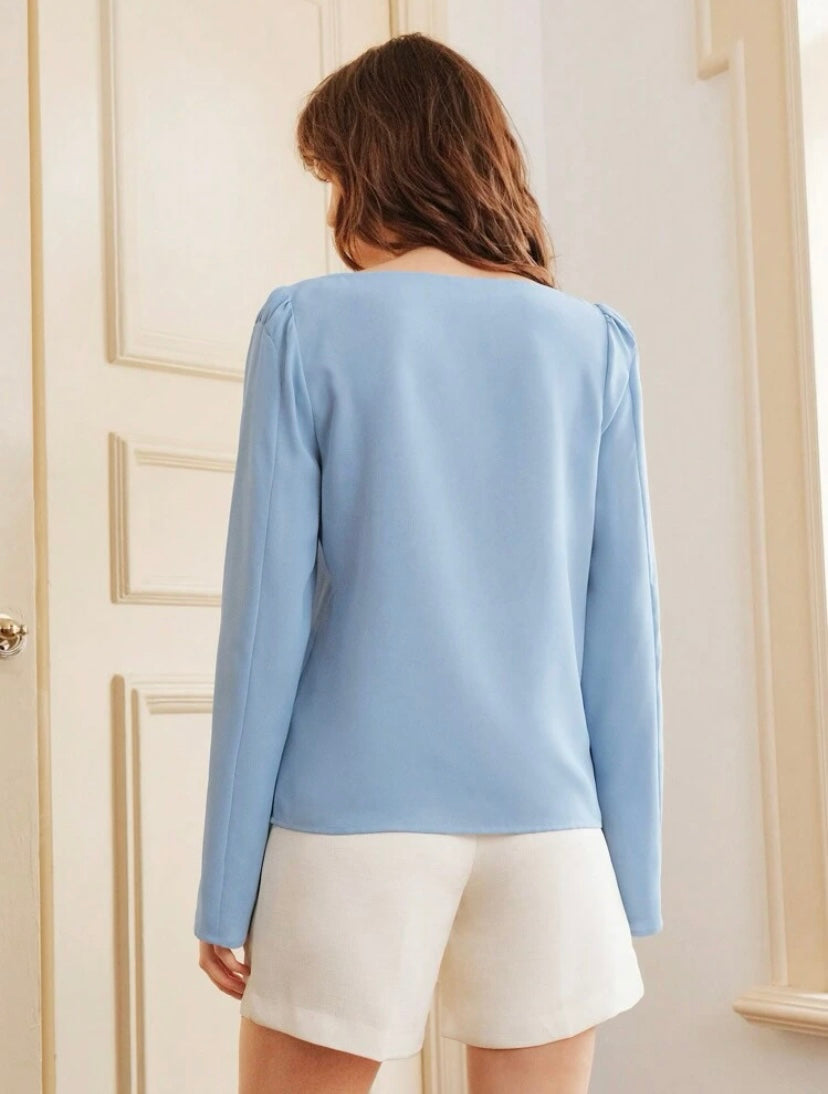 CM-TS596660 Women Elegant Seoul Style Solid Bell Sleeve Boat Neck Blouse - Blue