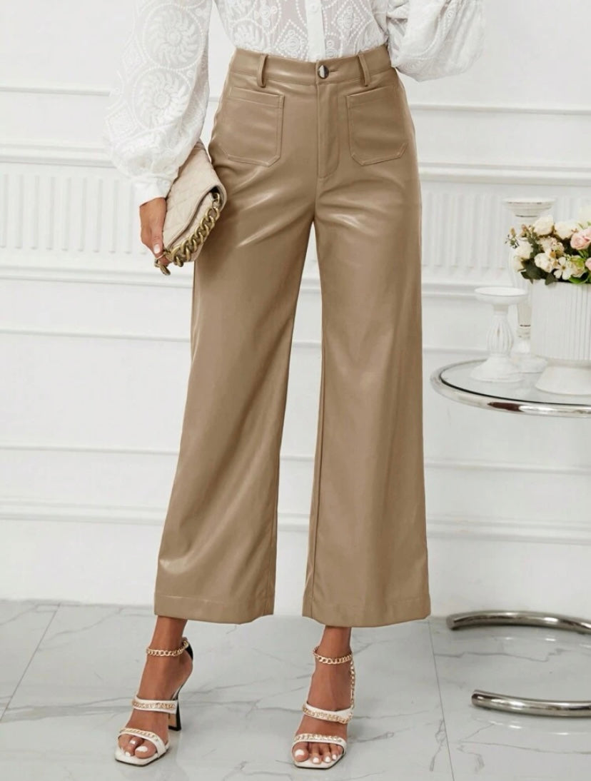 CM-BS549609 Women Casual Seoul Style High Waist PU Leather Wide Leg Pants - Camel