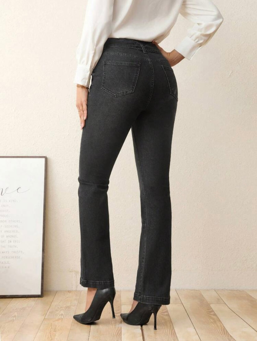CM-BS310817 Women Preppy Seoul Style High Waist Belted Flare Leg Jeans - Black
