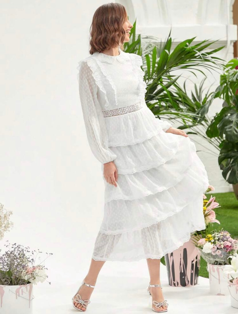 CM-DS095840 Women Elegant Seoul Style Swiss Dot Ruffle Trim Lantern Sleeve Layered Hem Dress