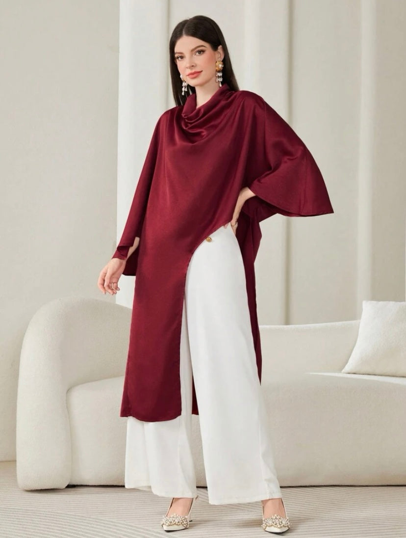CM-TS824289 Women Elegant Seoul Style Draped Collar Asymmetrical Hem Blouse - Burgundy