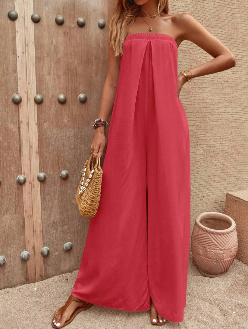 CM-JS852249 Women Trendy Bohemian Style Solid Tie Back Tube Wide Leg Jumpsuit - Red