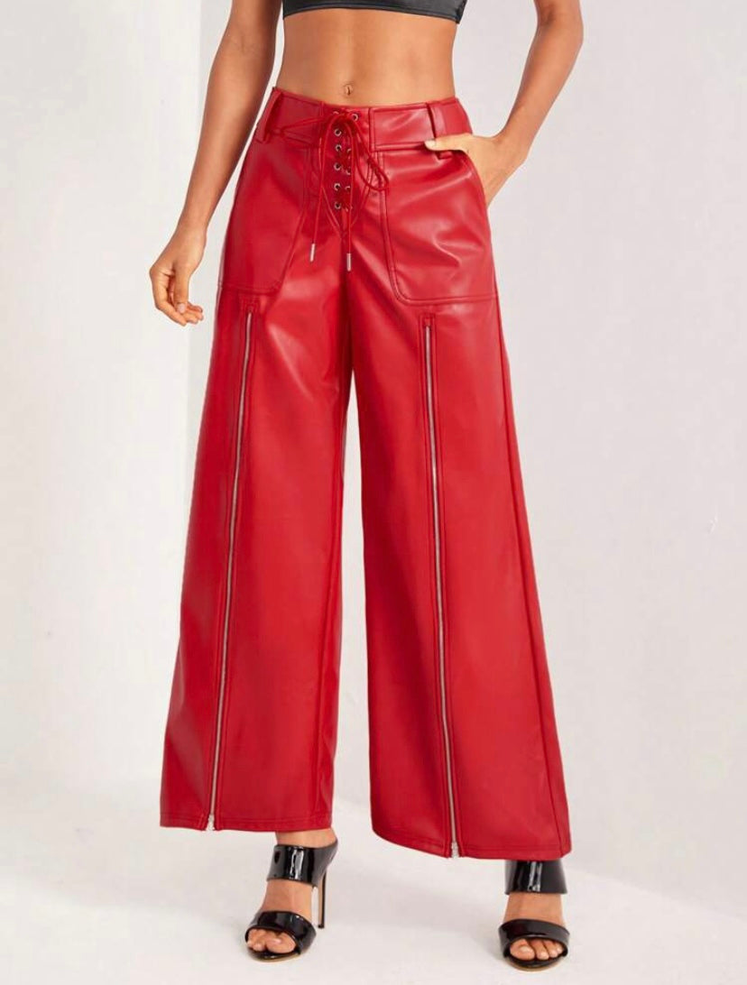 CM-BS616911 Women Elegant Seoul Style PU Leather Lace Up Front Wide Leg Pants - Red