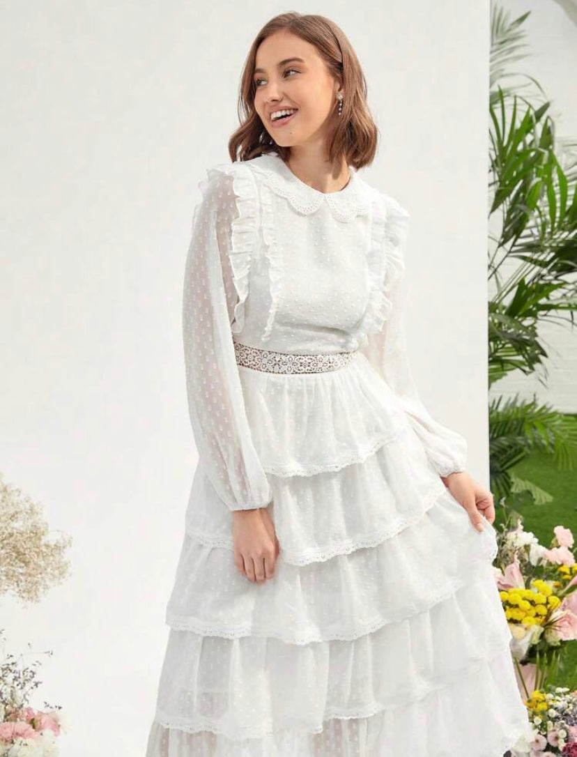 CM-DS095840 Women Elegant Seoul Style Swiss Dot Ruffle Trim Lantern Sleeve Layered Hem Dress