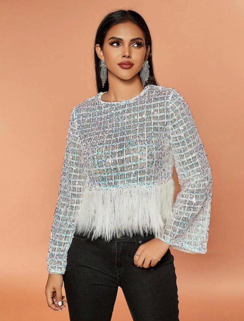 CM-TS504002 Women Elegant Seoul Style Round Neck Long Sleeve Fuzzy Hem Sequin Tee - White