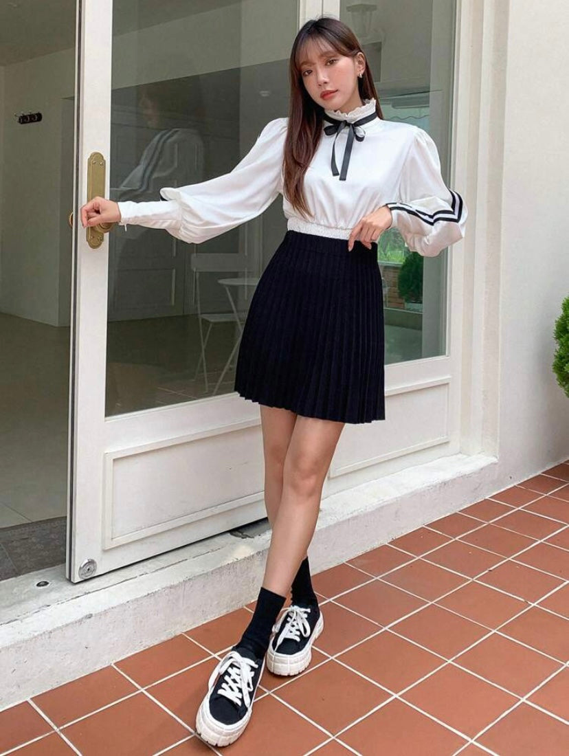 CM-TS324533 Women Elegant Seoul Style Frill Trim Tie Neck Lantern Sleeve Blouse - White