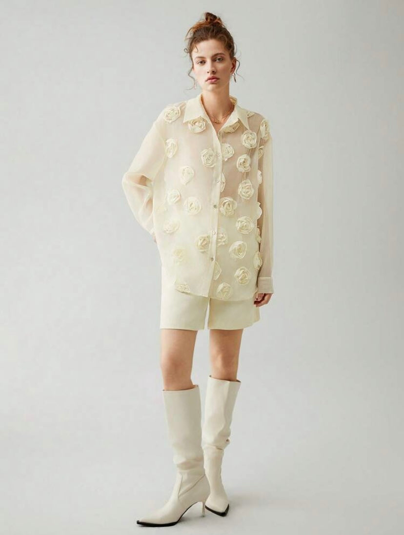 CM-TS800603 Women Casual Seoul Style Appliques Button Front Drop Shoulder Shirt