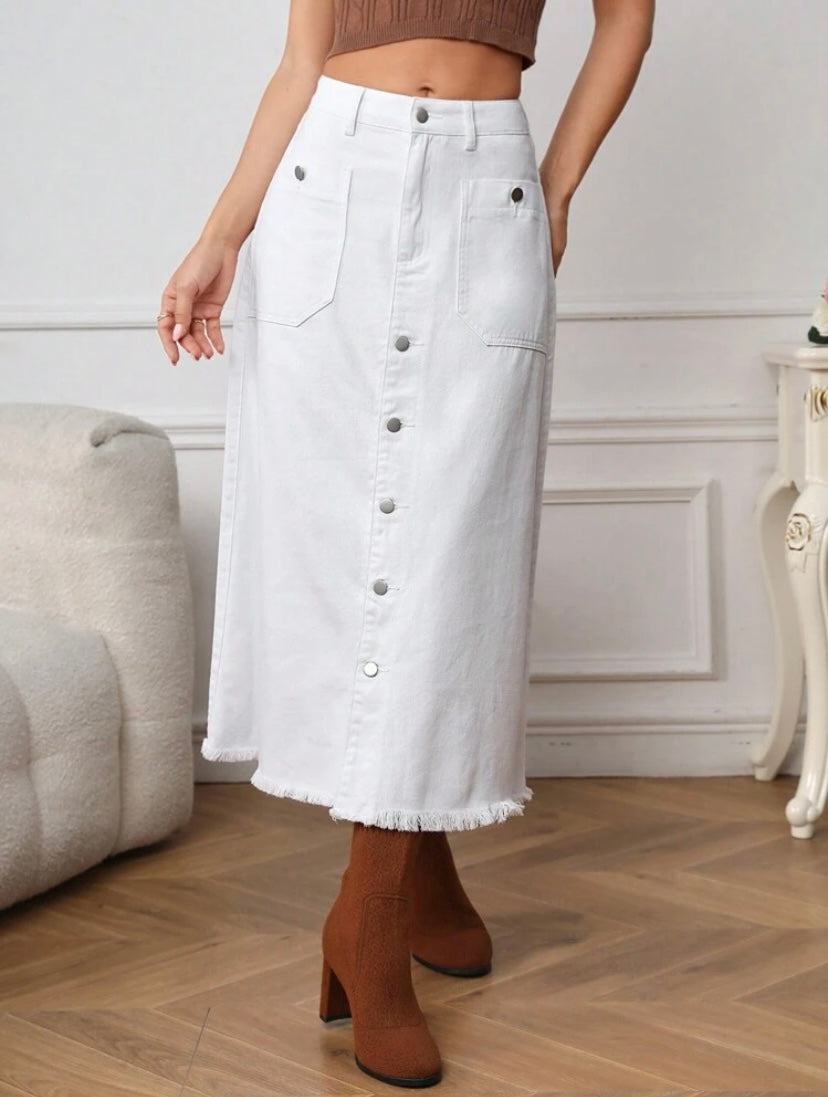 CM-BS107742 Women Casual Seoul Style High Waist Button Front Raw Hem Denim Skirt