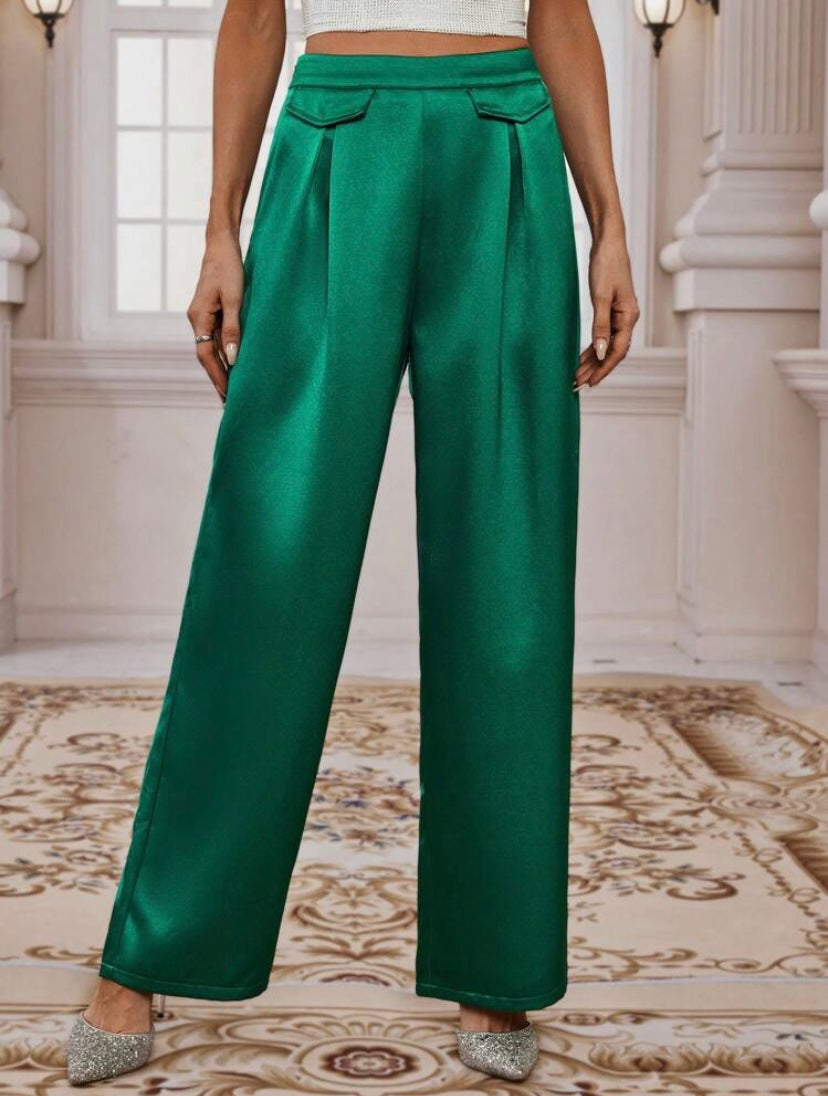 CM-BS617907 Women Casual Seoul Style High Waist Plicated Detail Wide Leg Pants - Green