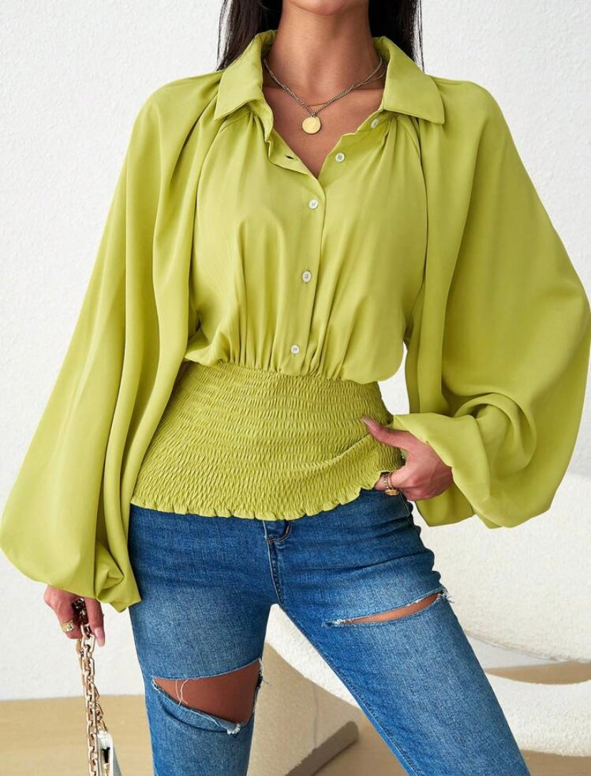 CM-TS066668 Women Casual Seoul Style Collar Neckline Lantern Sleeve Button Front Shirt
