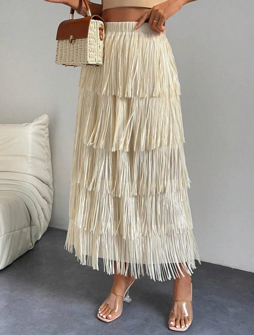 CM-BS377751 Women Elegant Seoul Style Solid Layered Fringe Trim Skirt - Beige