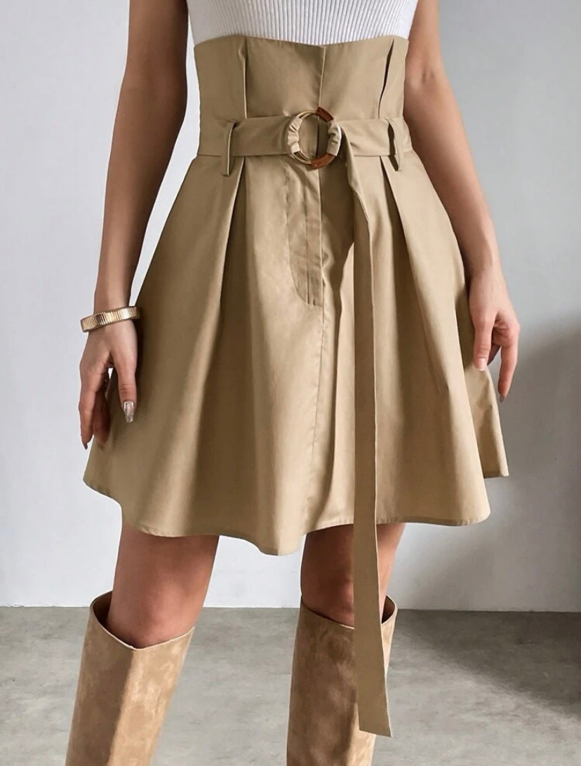 CM-BS890288 Women Casual Seoul Style Two Tone Fold Pleated Detail Belted Skirt