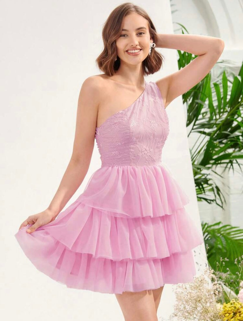 CM-DS411786 Women Elegant Seoul Style One Shoulder Lace Bodice Layered Mesh Dress