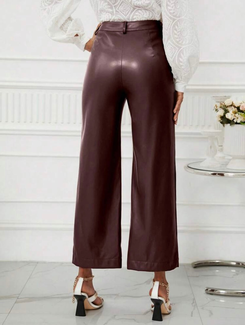 CM-BS596223 Women Casual Seoul Style High Waist PU Leather Wide Leg Pants - Chocolate Brown