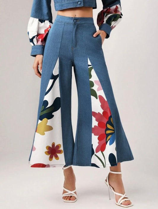 CM-BS388864 Women Casual Seoul Style Medium Wash Floral Print Wide Leg Jeans