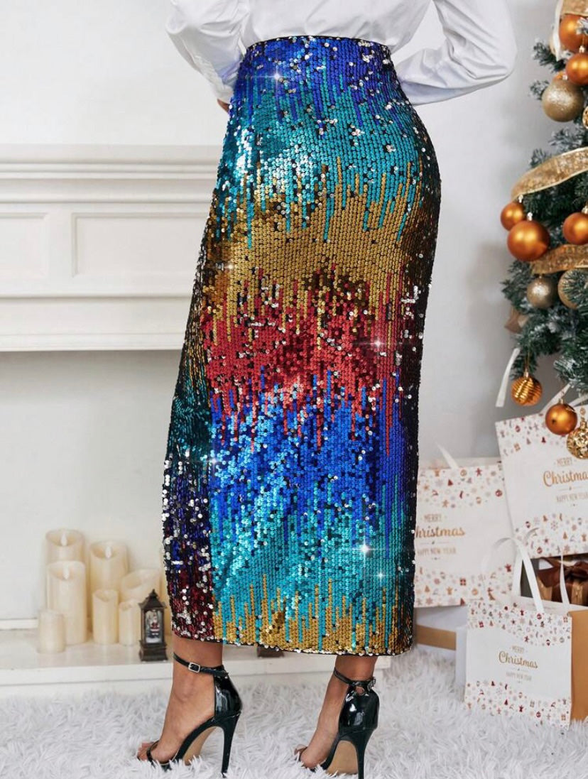 CM-BS831190 Women Elegant Seoul Style High Waist Split Thigh Sequin Skirt