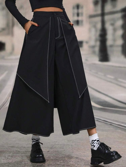 CM-BS124424 Women Elegant Seoul Style Contrast Piping Wide Leg Pants - Black