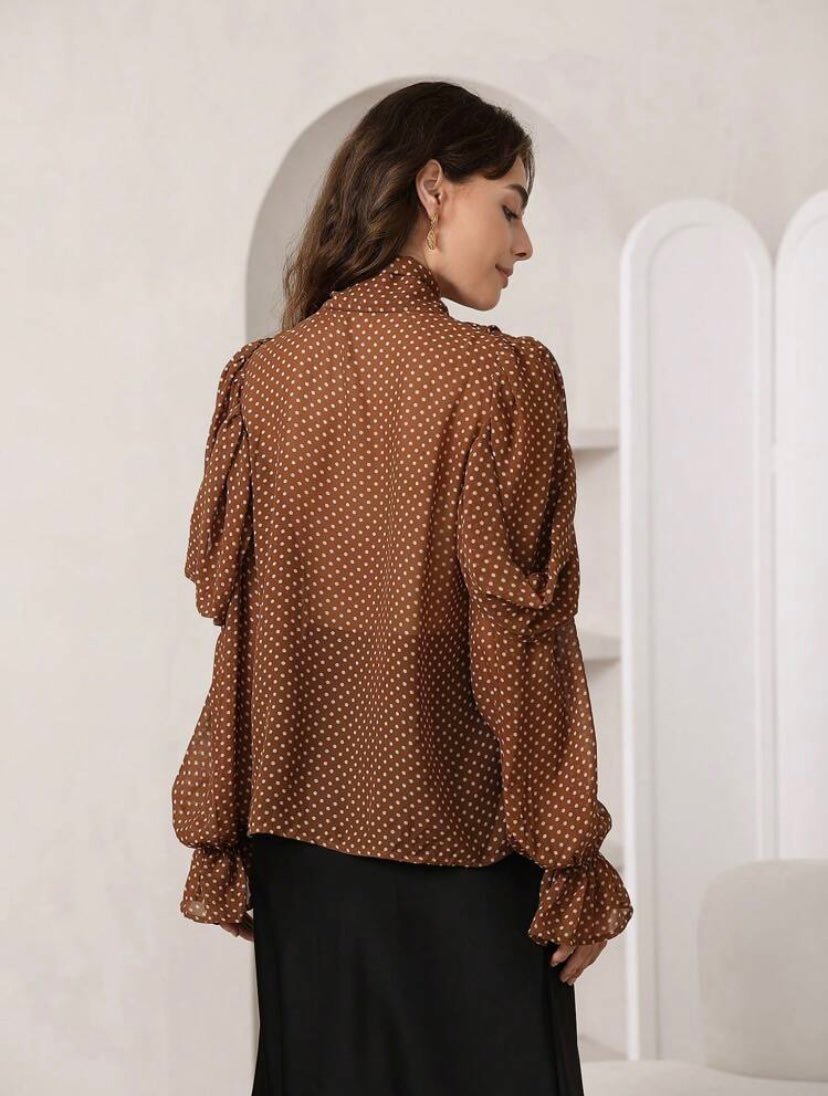 CM-TS400486 Women Elegant Seoul Style Polka Dot Print Choker Neck Flounce Sleeve Blouse