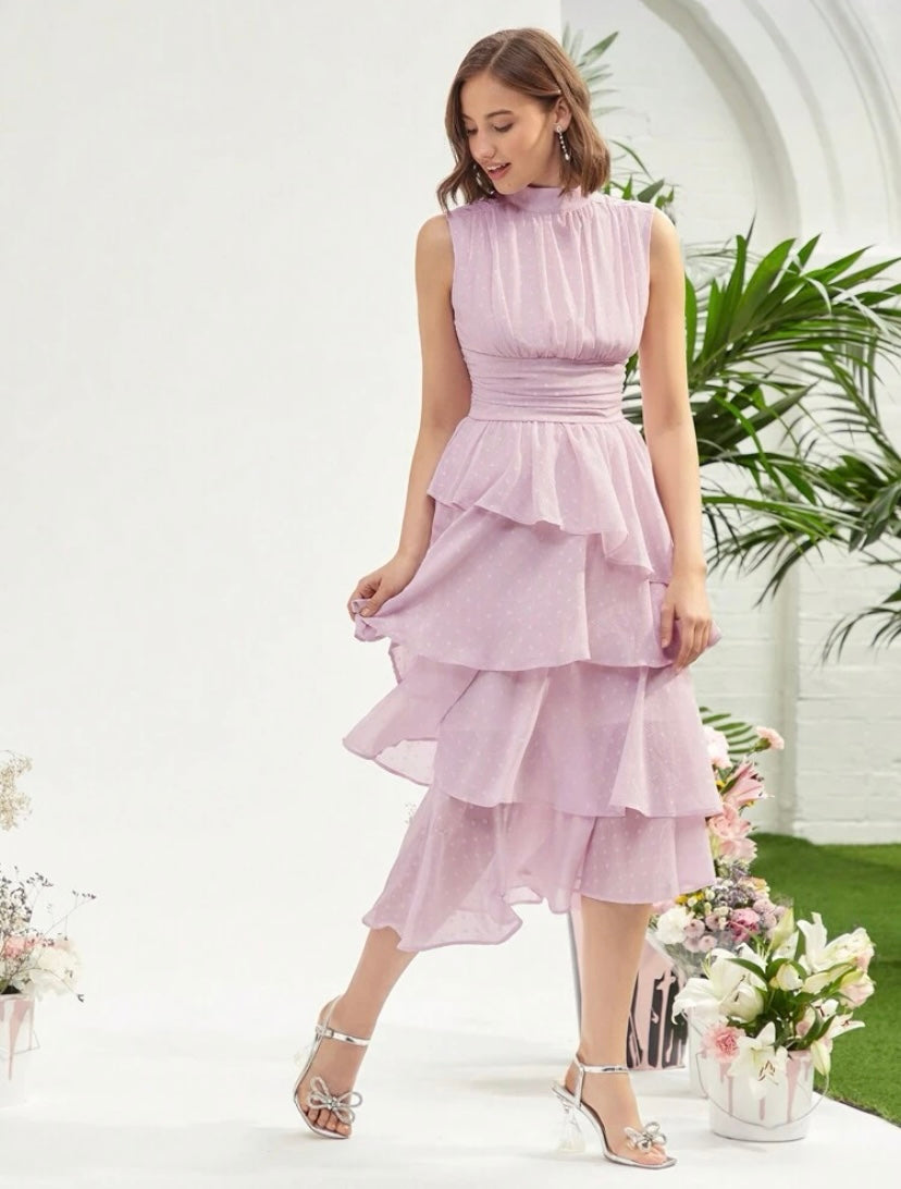 CM-DS362216 Women Elegant Seoul Style Mock Neck Ruched Bust Layered Hem Dress - Pink