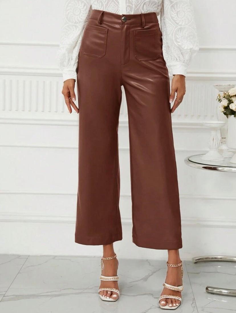 CM-BS519174 Women Casual Seoul Style High Waist PU Leather Wide Leg Pants - Coffee Brown