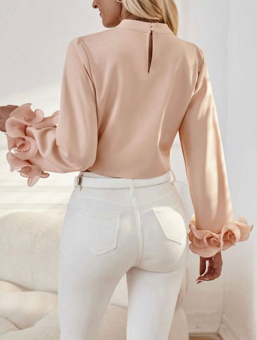 CM-TS852299 Women Elegant Seoul Style Solid Ruffle Trim Crop Blouse - Dusty Pink