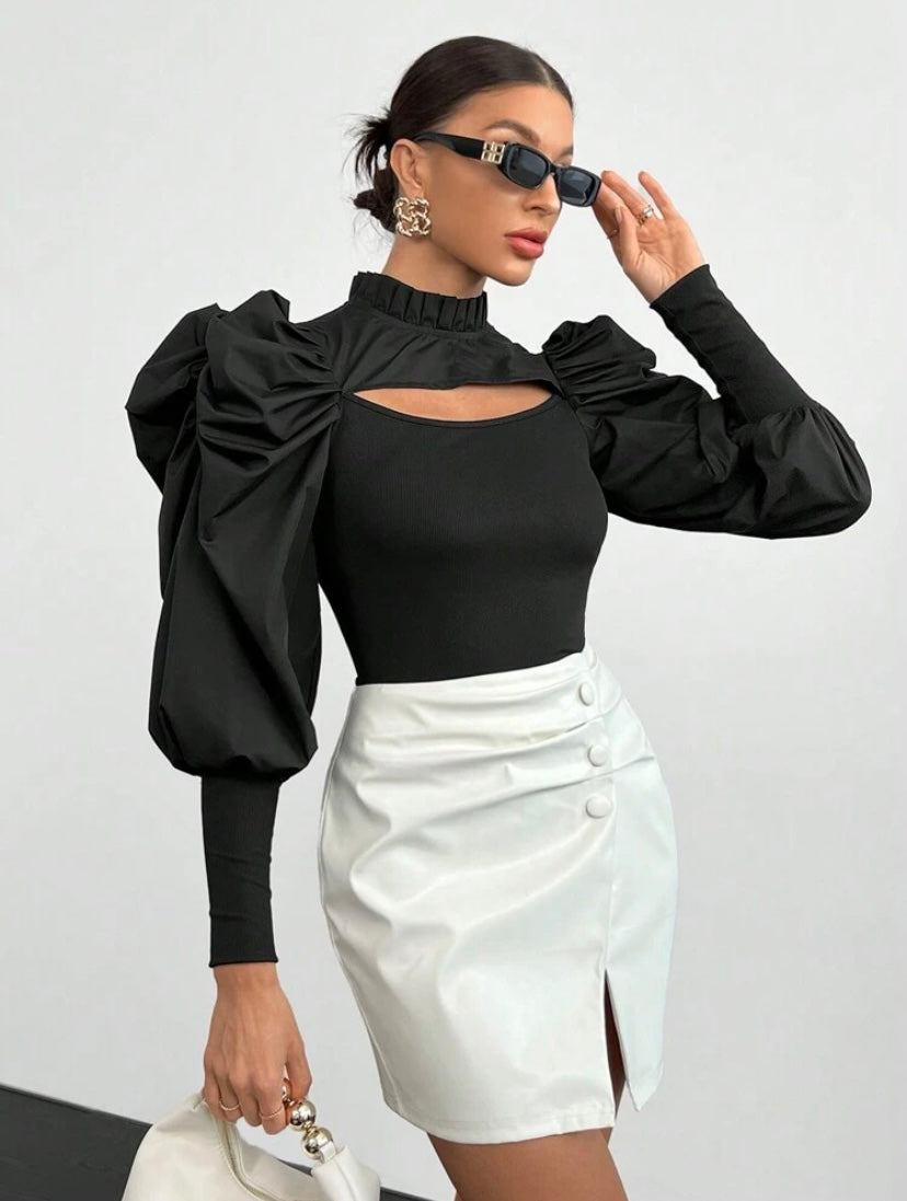 CM-TS365112 Women Casual Seoul Style Mock Neck Cut Out Front Gigot Sleeve Frill Trim Top