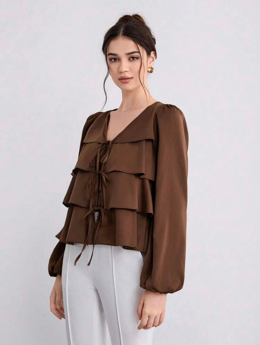 CM-TS010083 Women Elegant Seoul Style Tie Front Ruffle Hem Lantern Sleeve Blouse