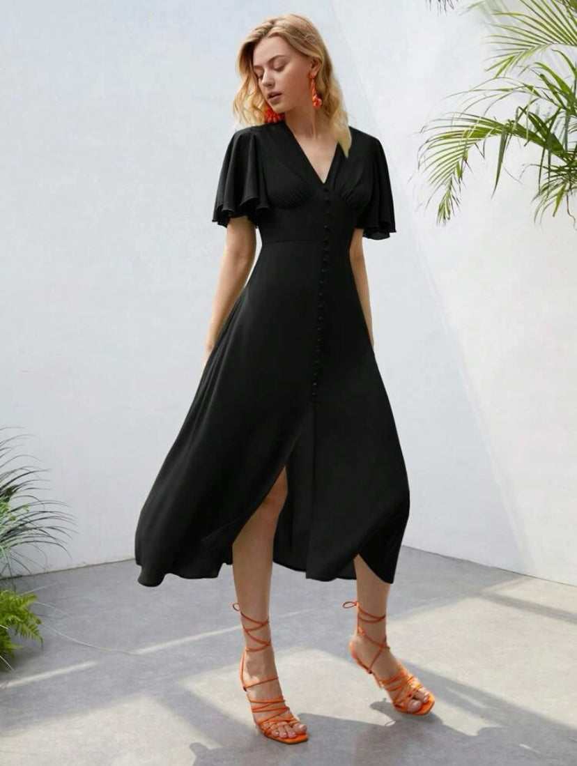 CM-DS347699 Women Elegant Seoul Style Butterfly Sleeve Button Front A-Line Dress - Black