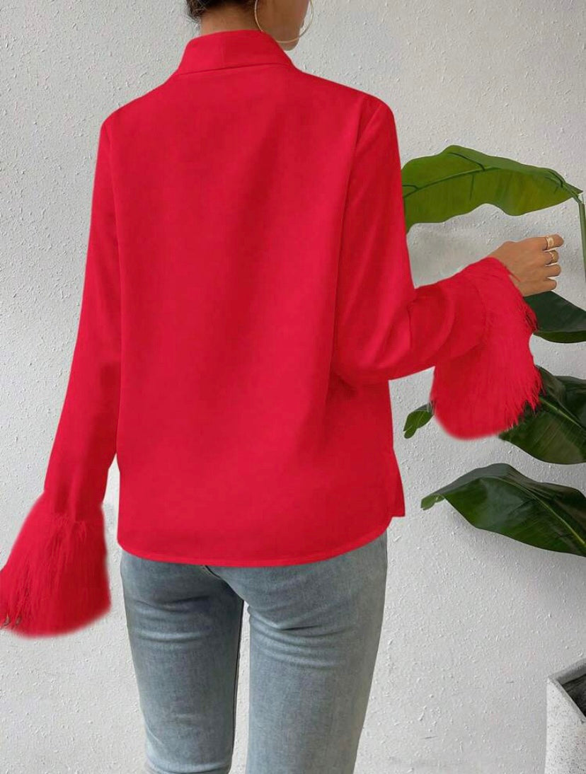 CM-TS349939 Women Elegant Seoul Style V-Neck Solid Fringe Cuff Wrap Blouse - Red