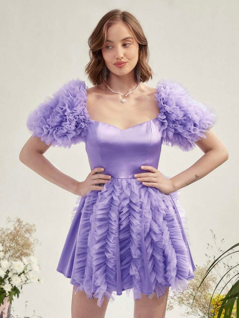 CM-DS365175 Women Elegant Seoul Style Sweetheart Neck Mesh Ruffle Trim Puff Sleeve Dress