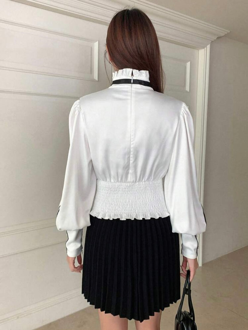 CM-TS324533 Women Elegant Seoul Style Frill Trim Tie Neck Lantern Sleeve Blouse - White