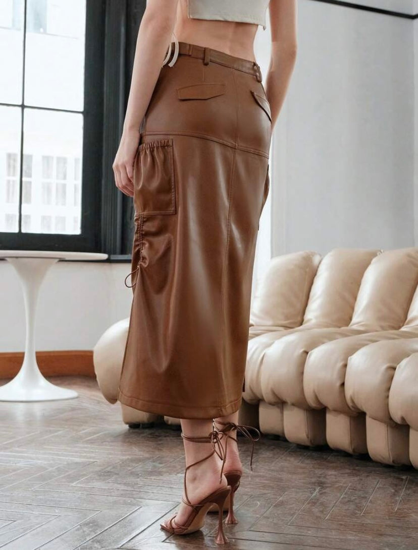 CM-BS375550 Women Elegant Seoul Style Split Hem PU Leather Midi Skirt - Brown