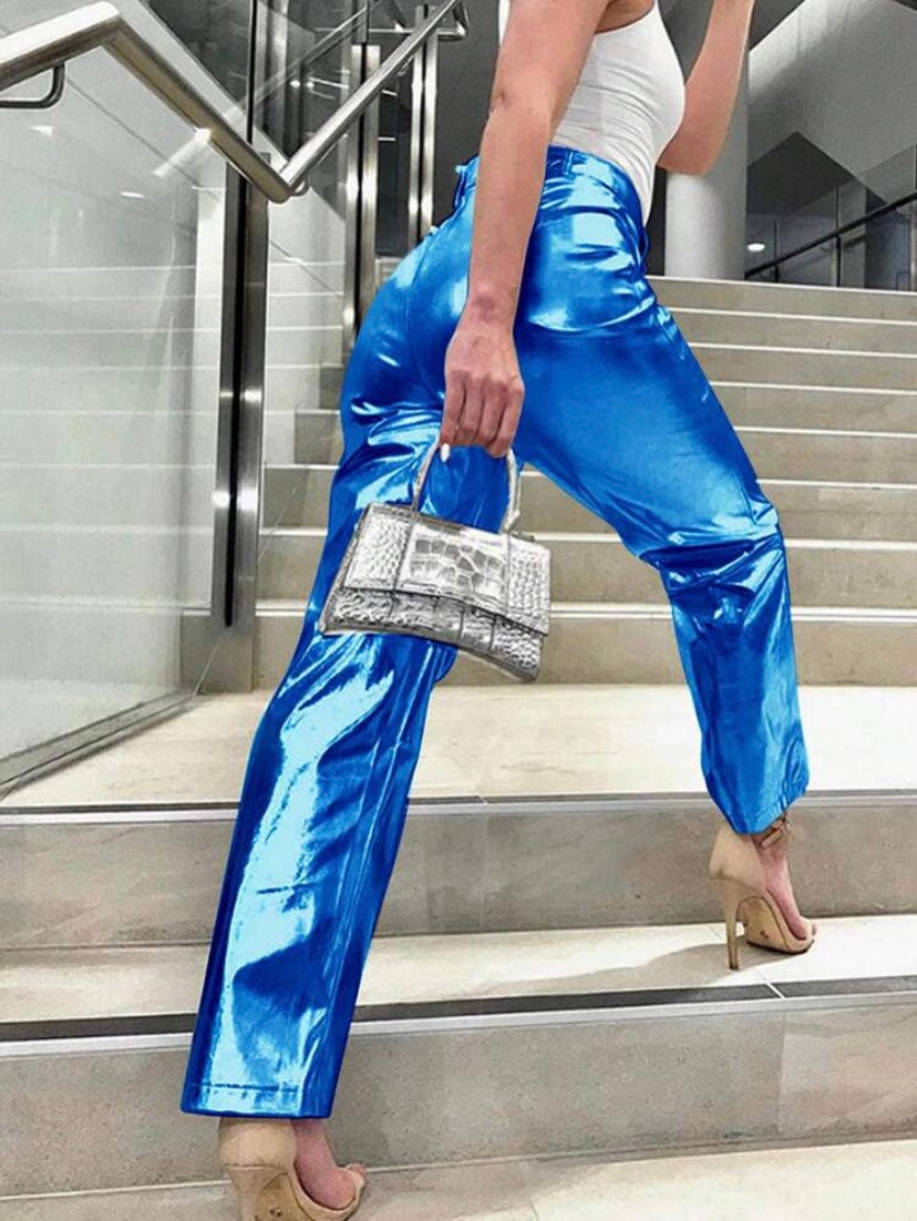 CM-BS330094 Women Elegant Seoul Style Shiny Straight Leg Trousers - Blue