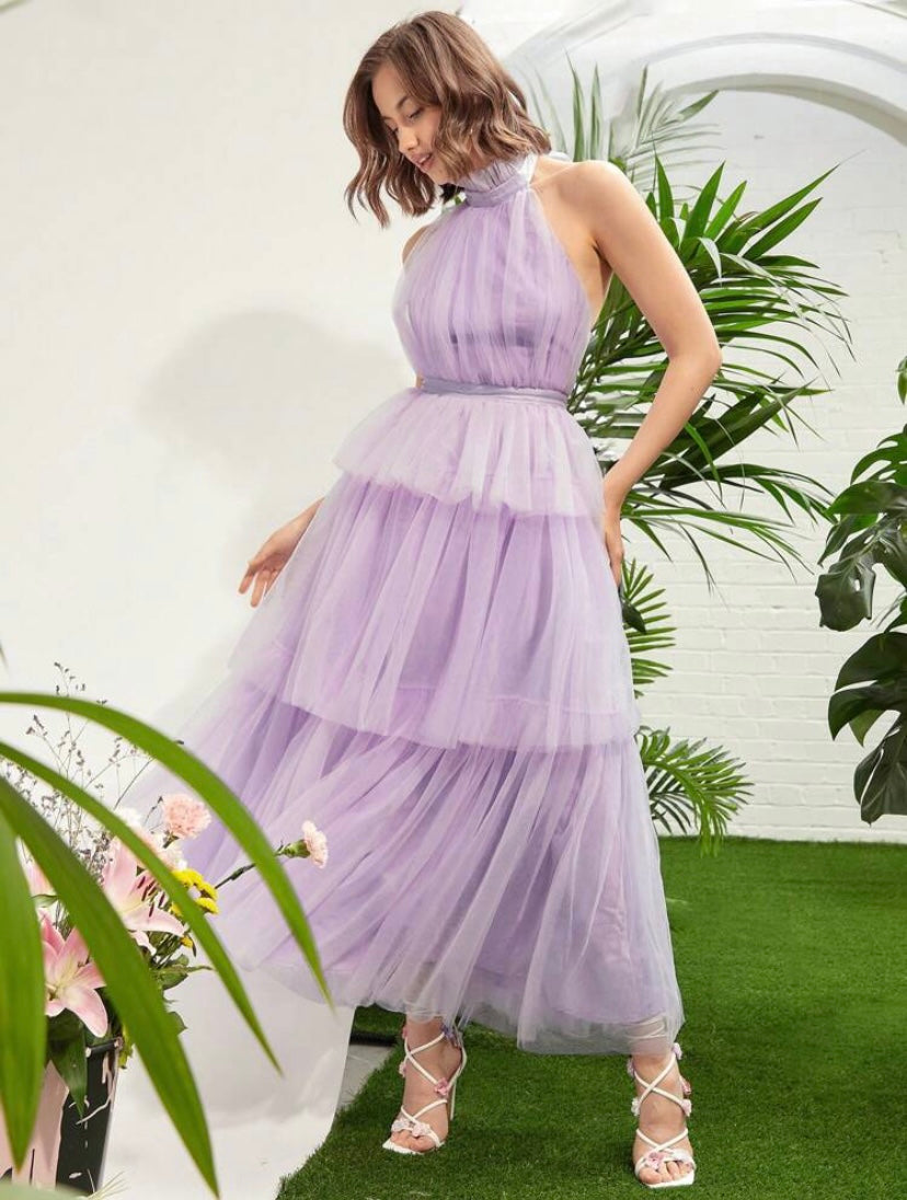 CM-DS328536 Women Elegant Seoul Style Tie Backless Layer Hem Mesh Overlay Halter Neck Dress