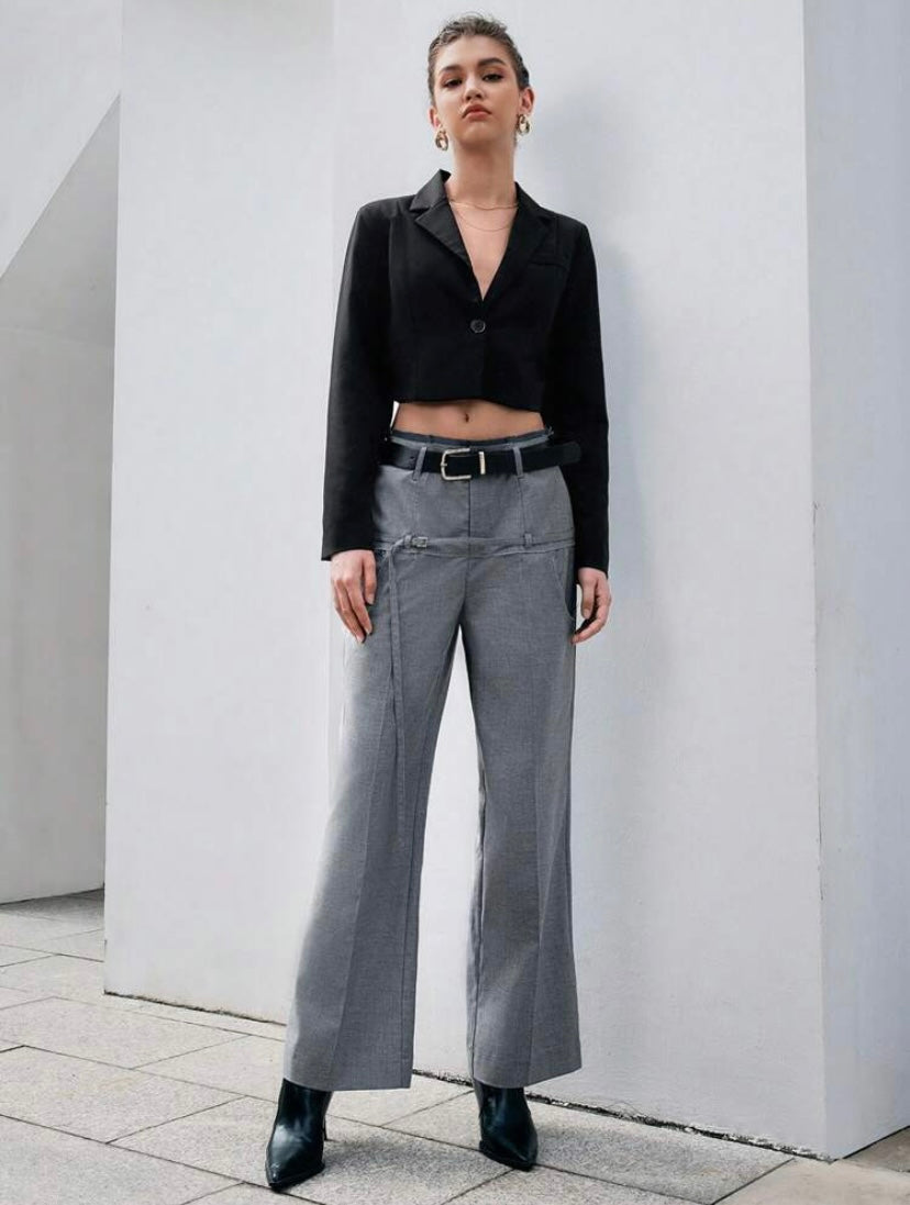 CM-BS899867 Women Elegant Seoul Style Zipper Fly Solid Straight Leg Pants - Gray