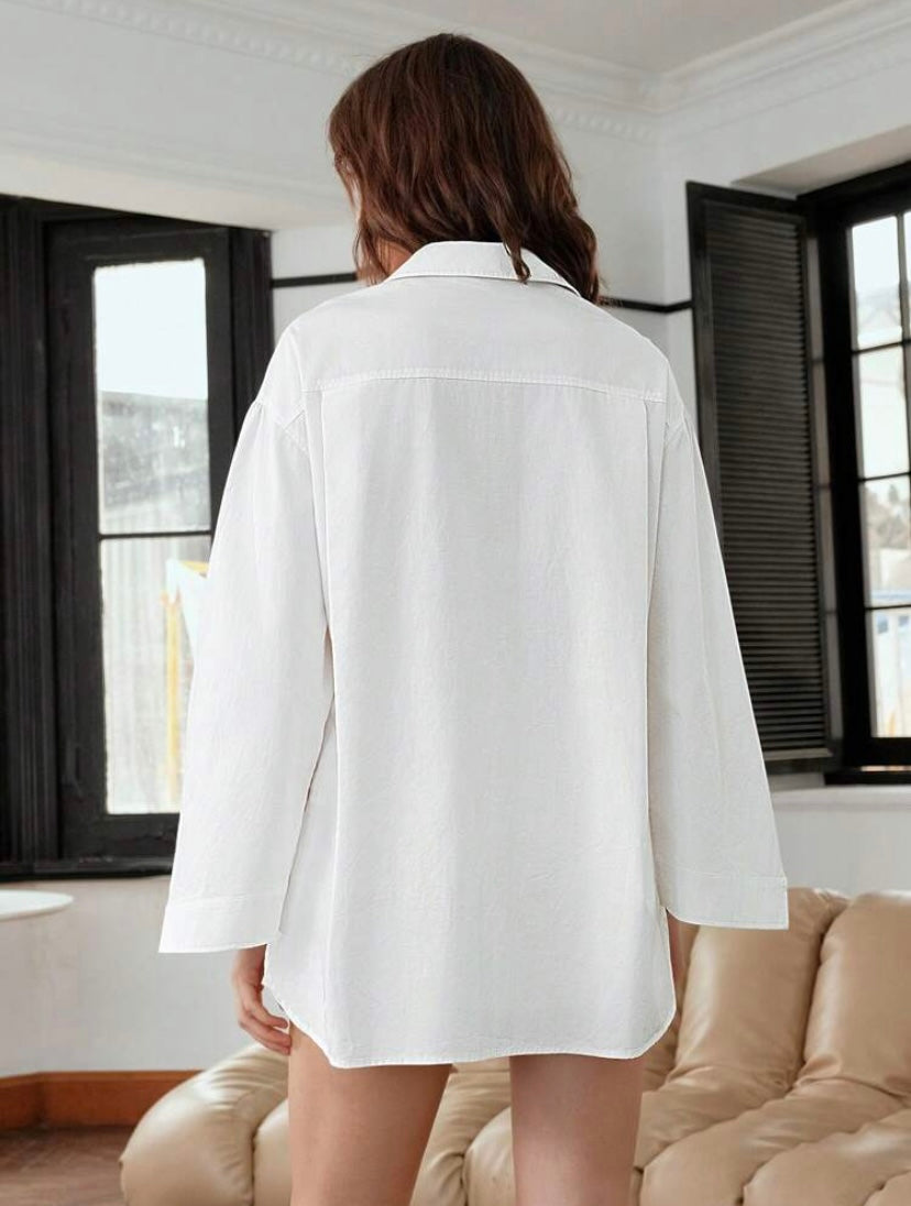 CM-TS300508 Women Elegant Seoul Style Solid Drop Shoulder Split Sleeve Shirt - White